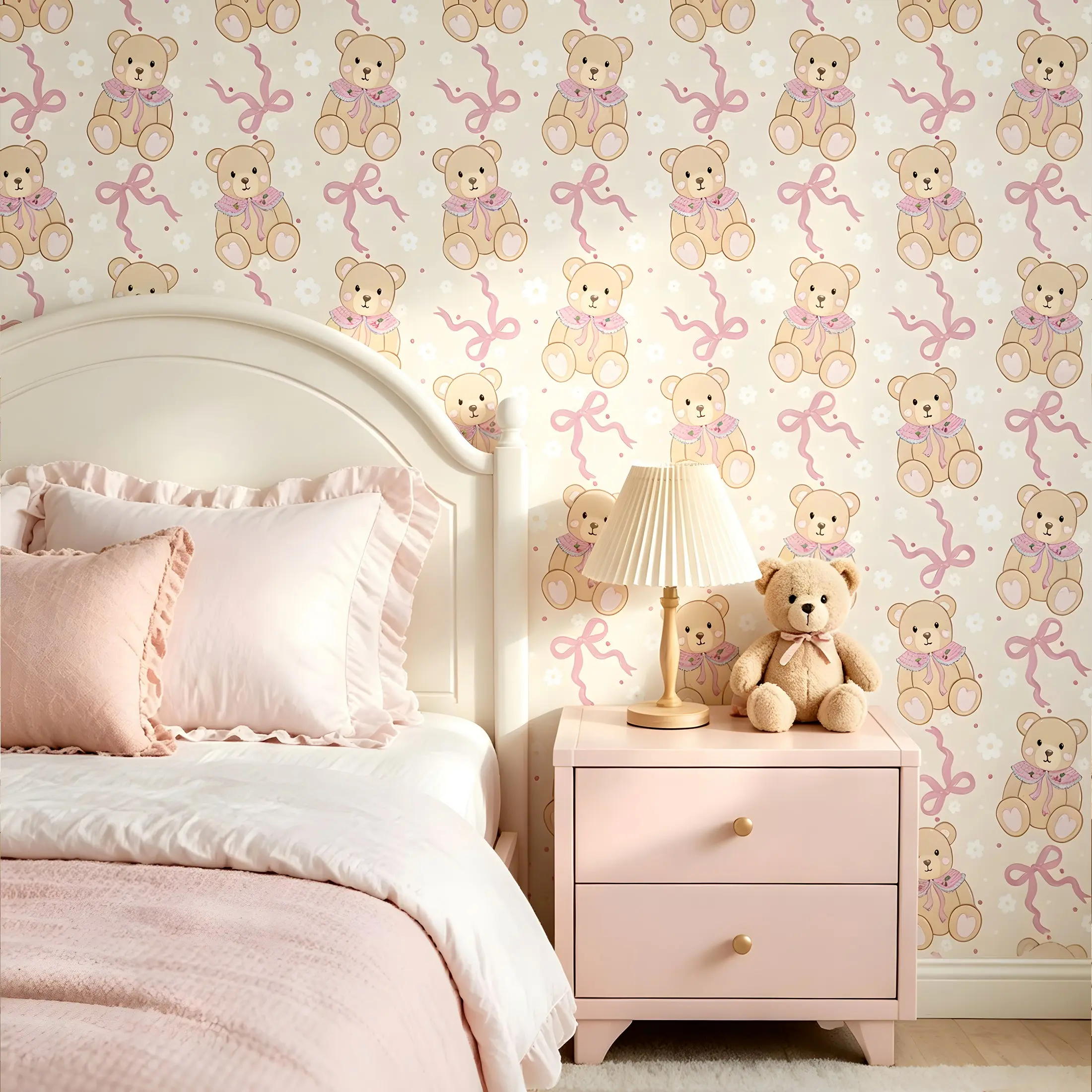 Cute Teddy Bear Bow Self-Adhesive Wallpaper, Waterproof Fade-Resistant, Easy to Cut, No Residue, Ideal for Kids Room & Furniture Renovation, Bedroom Wallpaper