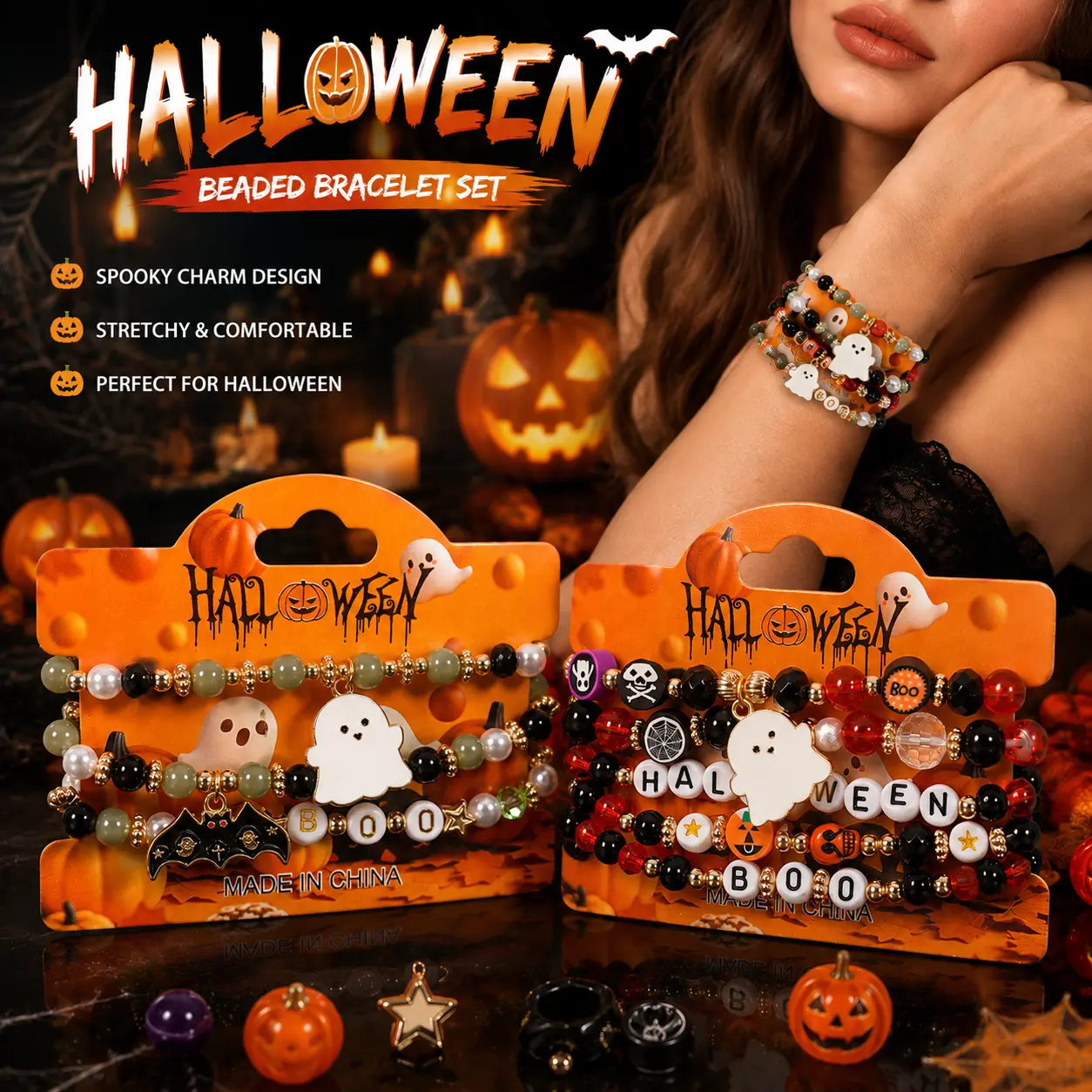 Multi-layer Halloween Bracelets Set For Men Women, Charm Elastic Polymer Clay Beaded Bracelets Cute Ghost, Funny Black Bat Creative Pendants Beaded Bracelet Holiday Costume Bracelet Party Supplies Jewelry Halloween Gift