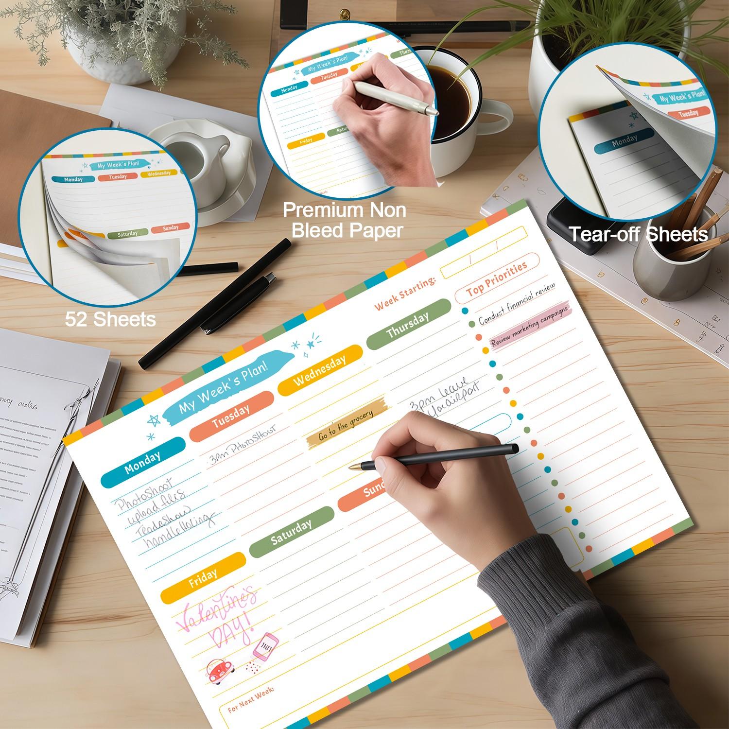 Undated Weekly Planner Notepad, Colorful to Do List Desk Pad, Top Priorities & Notes Section, Weekly Schedule Organizer for Office Home School