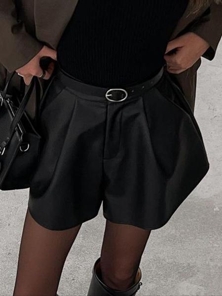 Women's Y2K Fashion Short Leather Pants, Plain Loose Fit Design, All-Season Party Style, Comfortable & Stylish Women's Wear