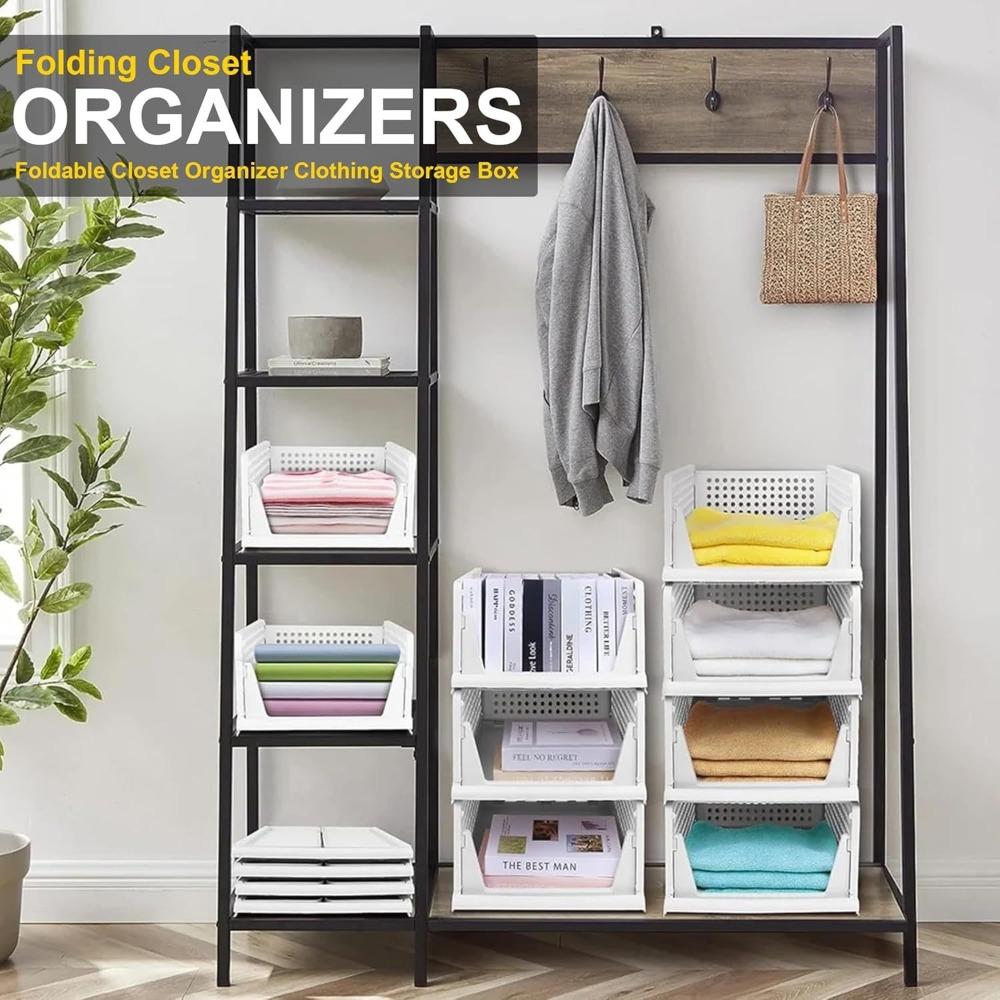 5-piece stackable and foldable wardrobe organizer boxes, suitable for storage in bedrooms, bathrooms, laundry rooms, and wardrobes, space-saving clothing storage drawer organizing baskets, white, Folding Storage Boxes