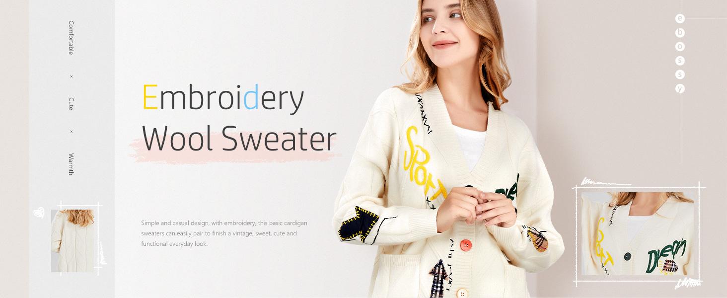 Chouyatou Women's Cable Knit Long Sleeve Open Front Cardigan Sheep V-Neck Button Down Embroidery Wool Blend Sweater Coat Outwear fall outfits Knitwear Womenswear SpringStatements