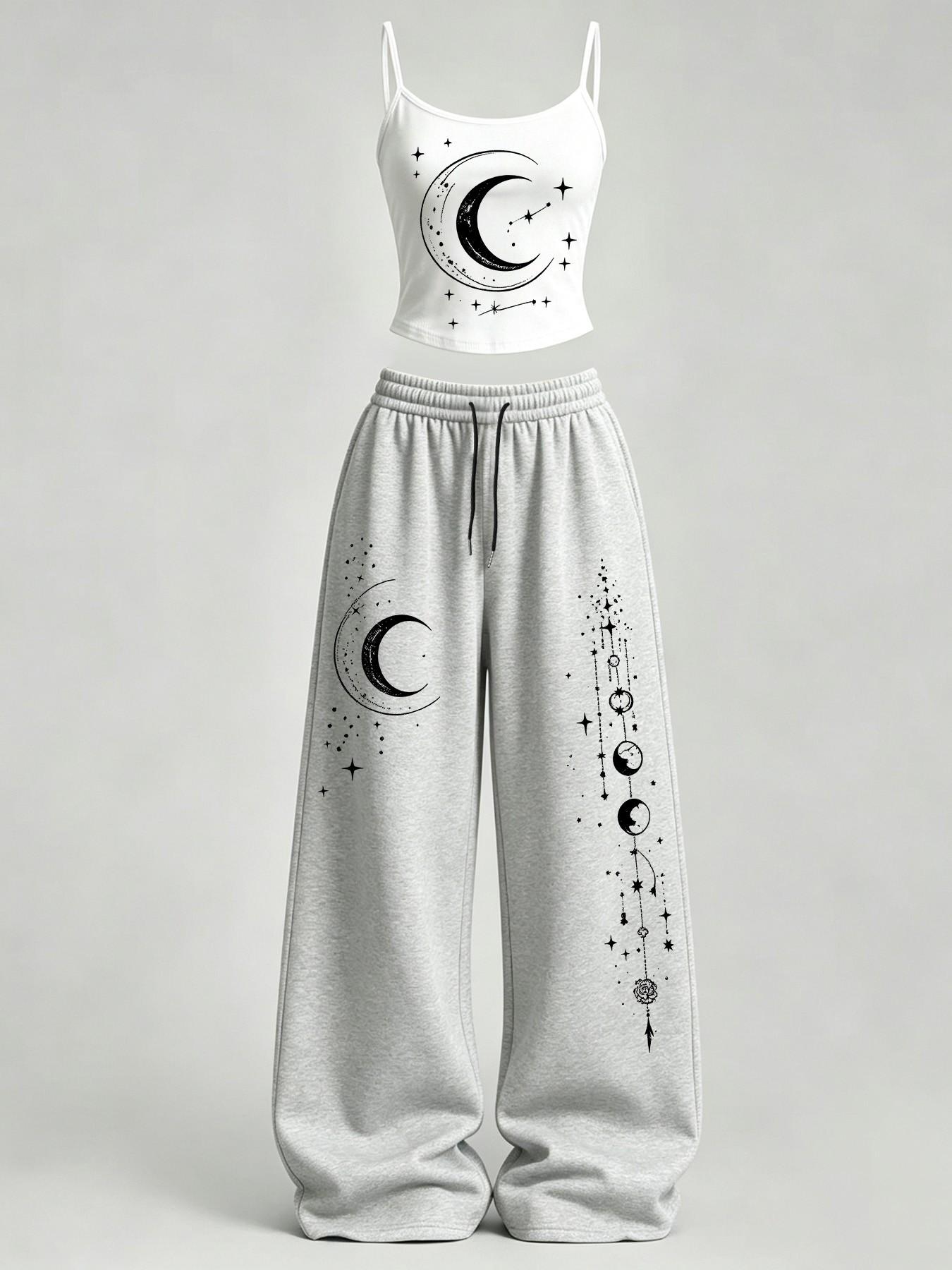Women's Home Casual, Star Moon Print Slim Fit Tank Top + Loose Pants Set, Y2K, American Street Style, Daily Wear, Campus, Home Relax, Clothes