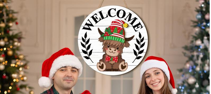 Easter Highland Cow Sign Interchangeable Welcome Sign with Magnet Detachable Hats Cute Cattle Hanging for Easter Holiday Seasonal Western Cow Decorations Birthday Home Wall Living Room Garden Cattle Farmhouse Porch Frontdoor Decor, Gift for Cow Lover