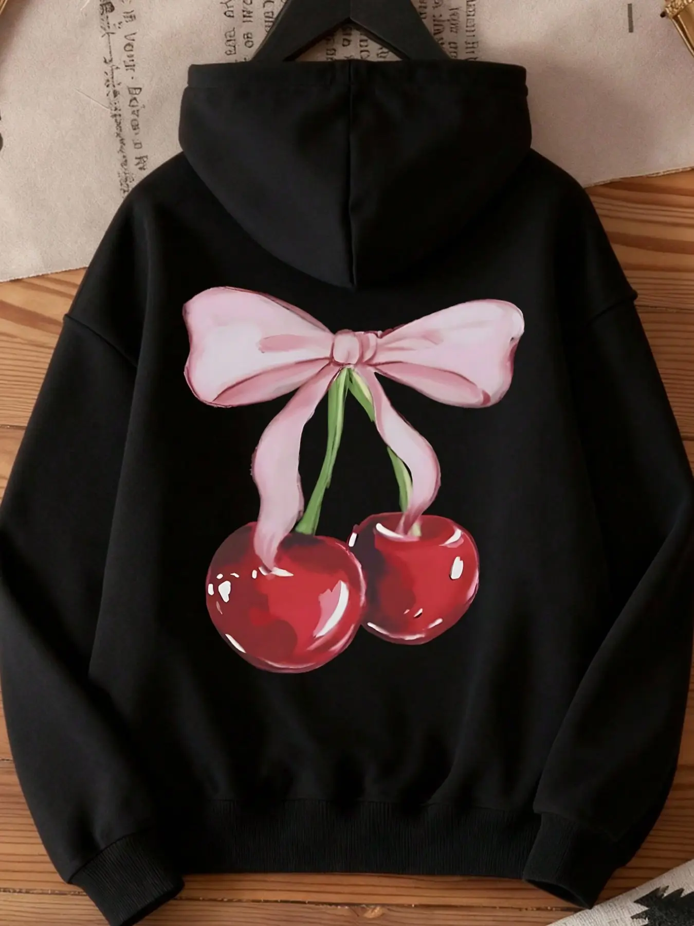 Women's Hoodie with Cherry Bow Print, Cute Y2K Street Style, Long Sleeve Casual Top with Pockets, All Seasons Fashion Sweatshirts