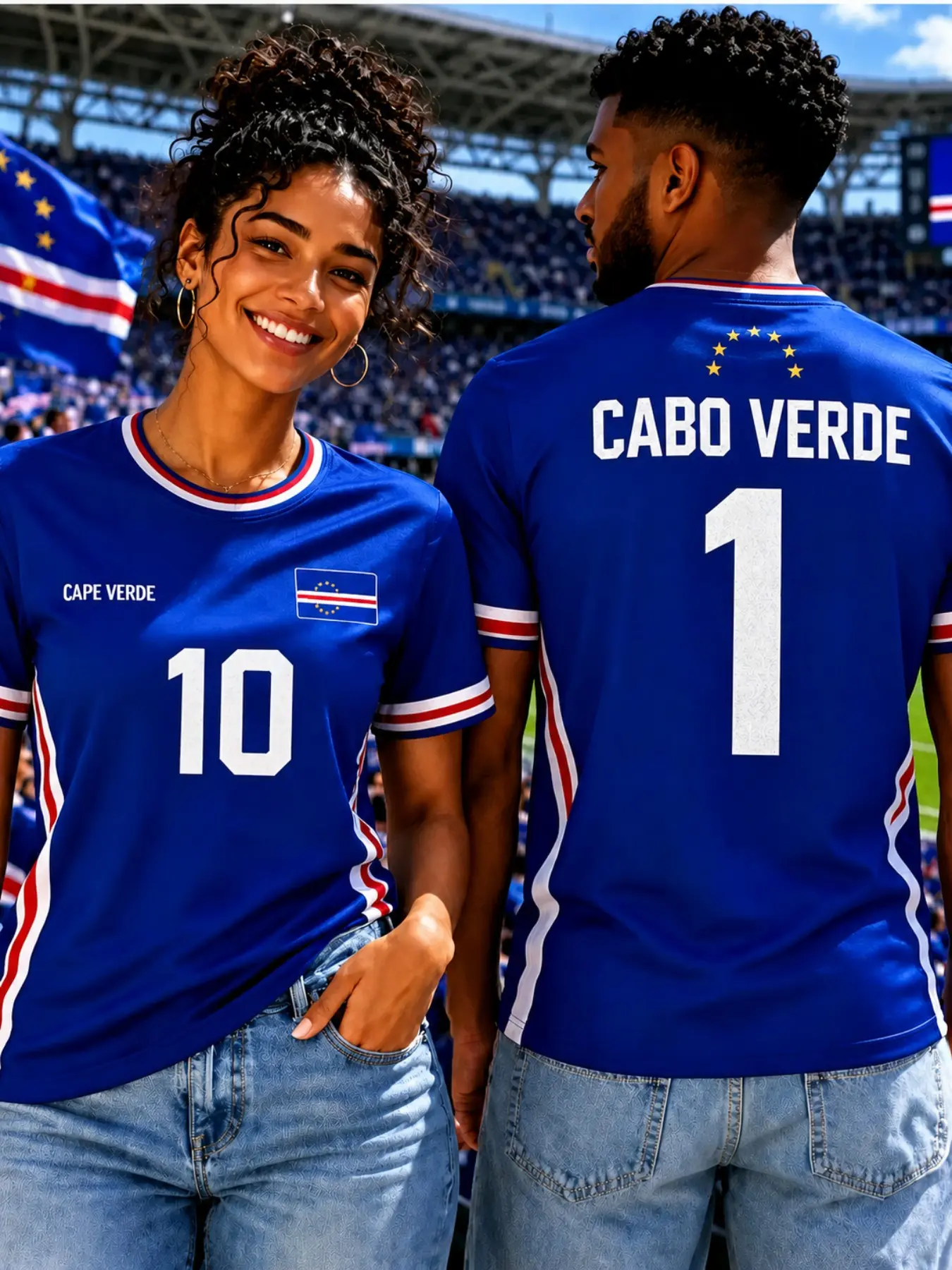 Cape Verde Couple Soccer Jersey, Unisex Blue Colorblock V-Neck Short Sleeve, Quick-Dry Loose-Fit Sports T-Shirt, All Seasons