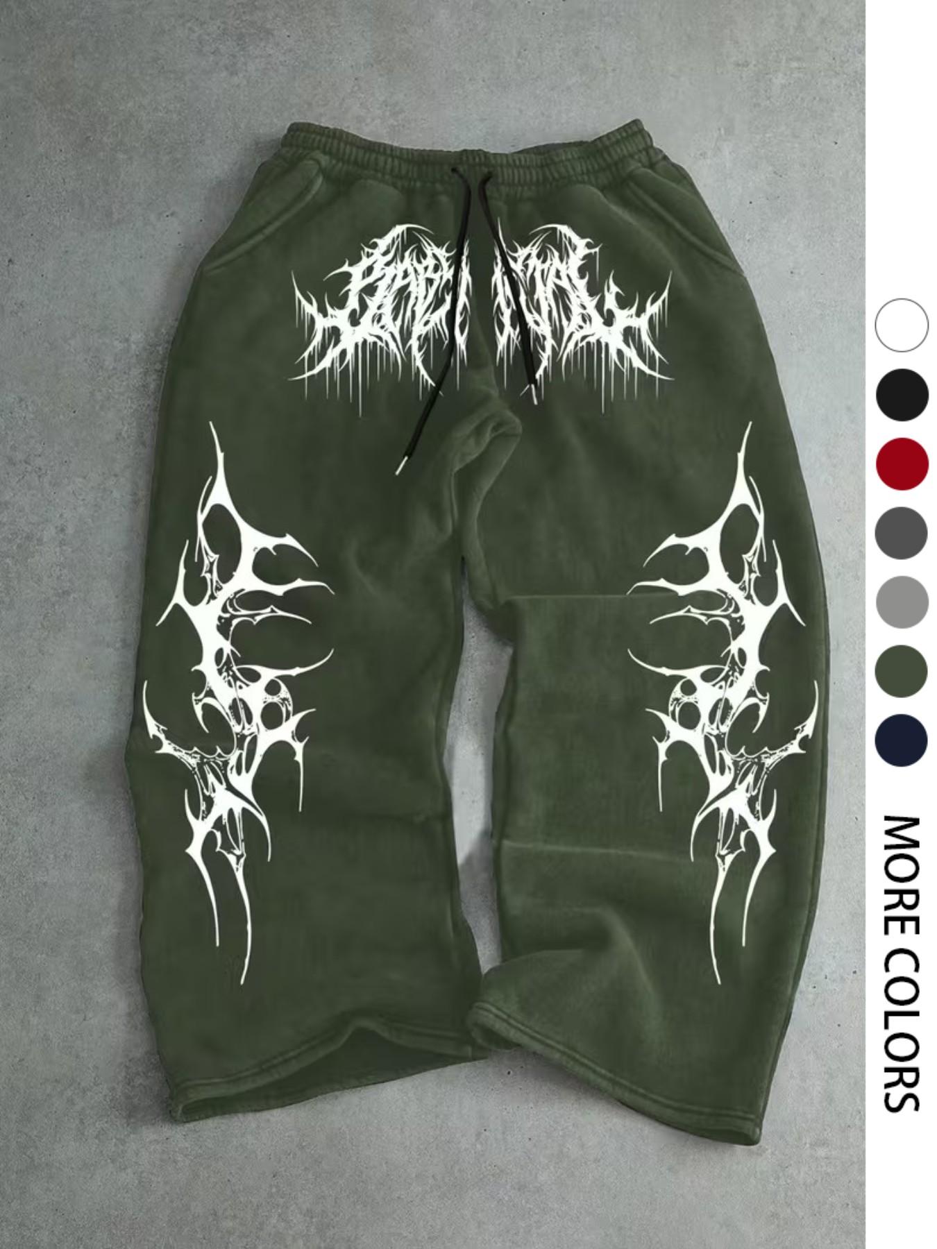 Men's Casual Sport Pants, Fringe Thorn Pattern Print Sweatpants, Drawstring Wide Leg Leisure Long Pants, Suitable for All Seasons