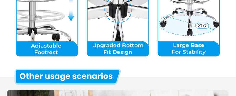 SUPERJARE Drafting Chair with Back, Adjustable Foot Rest Rolling Stool, Multi-Purpose Office Desk Chair, Thick Seat Cushion for Home Bar Kitchen Shop