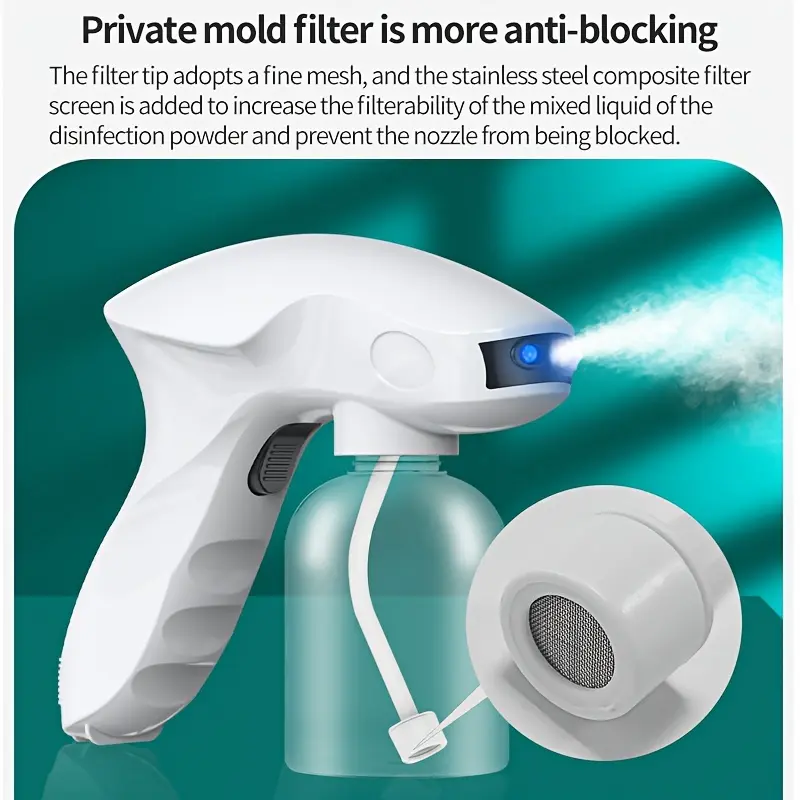 Rechargeable handheld atomizing spray gun, cordless electric sprayer, with blue indicator light, portable household aqueous solution spraying tool