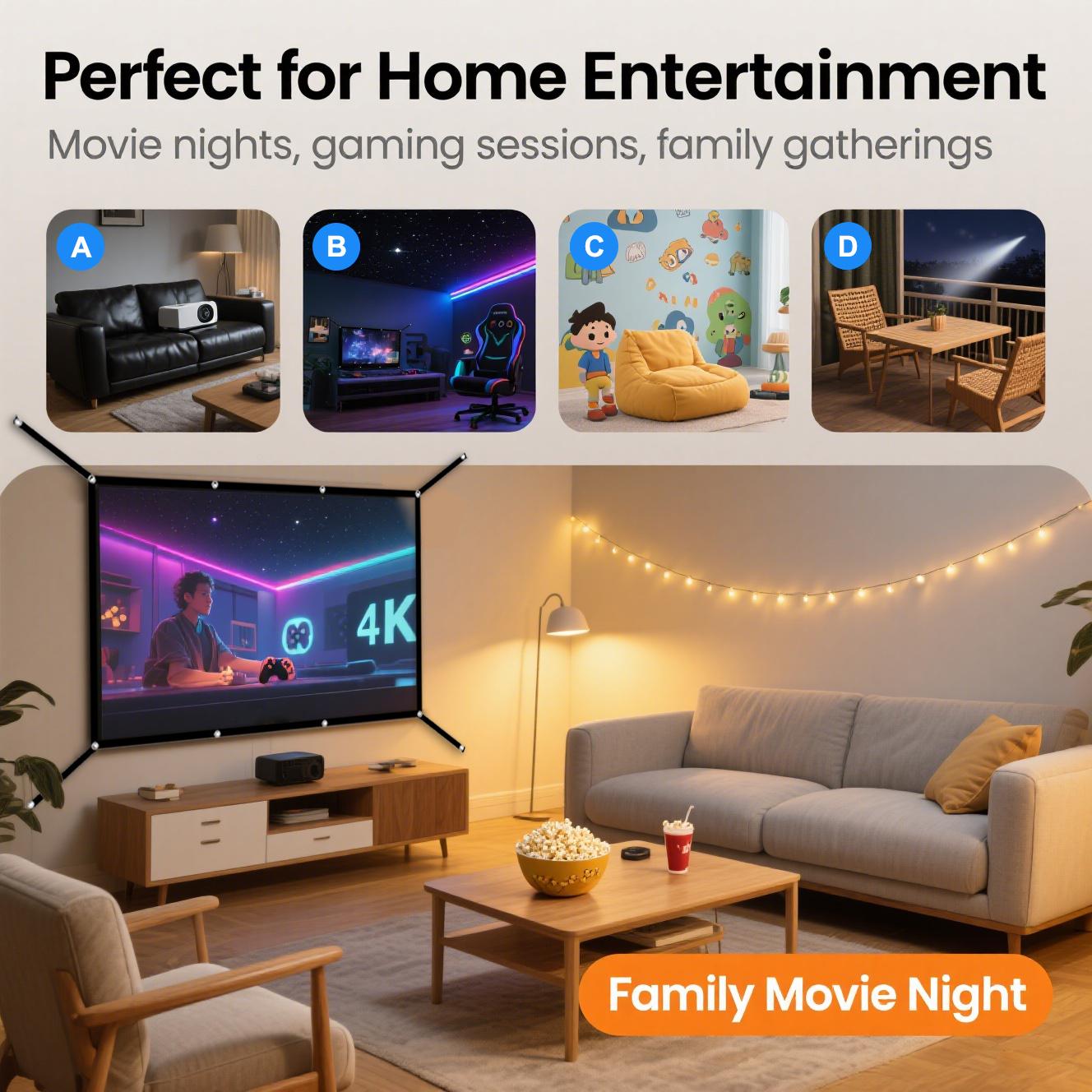 60-72-84-100-120-150 inches, multifunctional double-sided, easy to clean, soft white portable, 16:9 high-definition foldable indoor/outdoor projection screen, with portable bag, suitable for home theater, camping, Projector screen