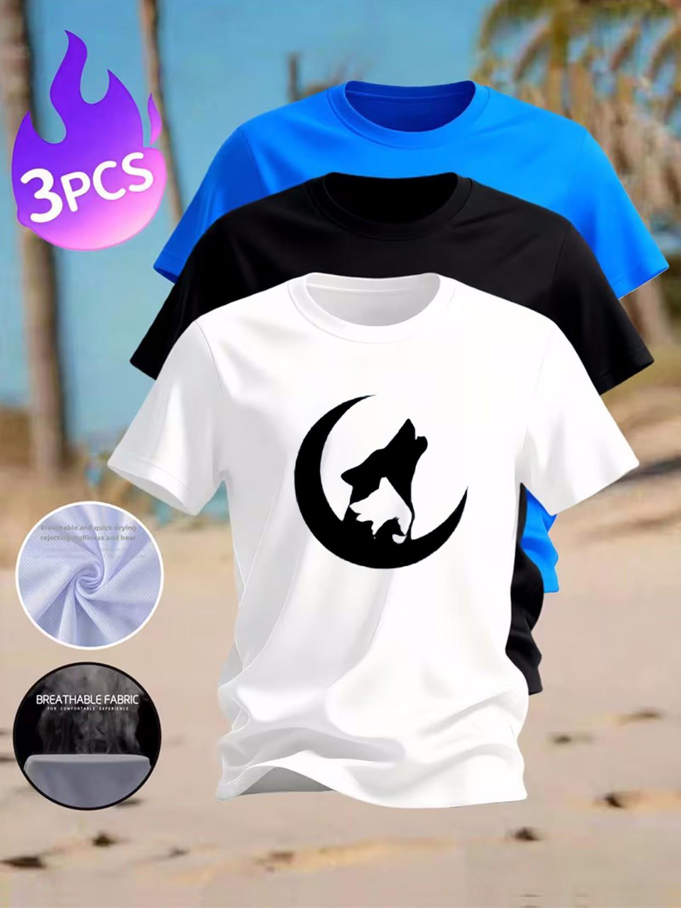3-Pack Men's Howling Wolf & Moon Graphic T-Shirts - Casual Breathable  Tees for Outdoor & Daily Wear