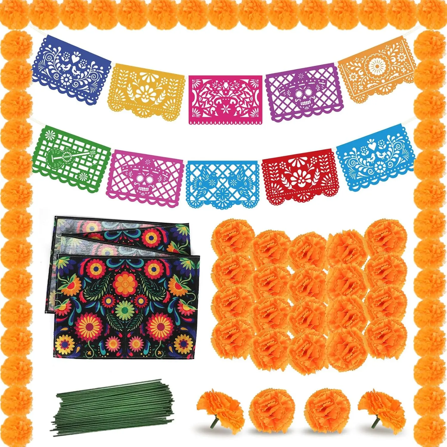 61 pcs Day of the Dead Decor Decorations ofrenda dia de los muertos decorations Mexican Party Banner Plastic Papel Picado marigold garland Marigold Flowers for Table Runner Diwali Indian Backdrop