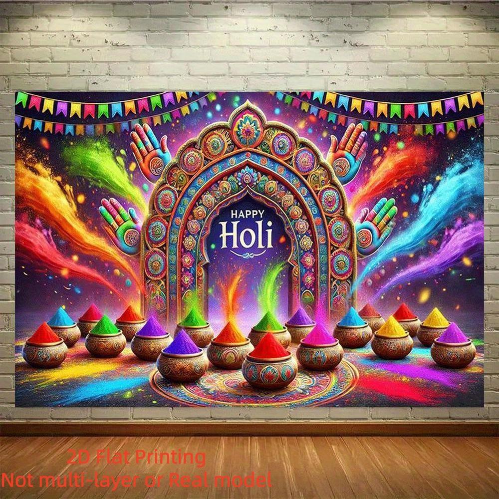 2D Flat Banner Vibrant Holi Festival Celebration Backdrop, Traditional Indian Design on Colorful Polyester Banner for Indoor & Outdoor Parties, Home & Garden Events