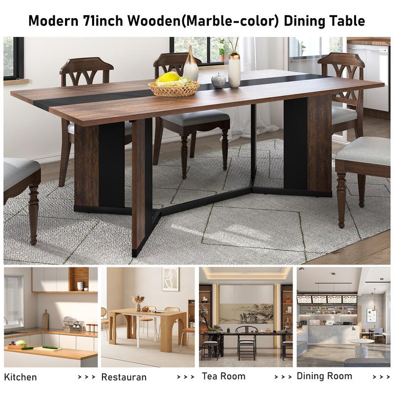 94In/78In/71In Large Rectangular Brown Dining Table for 4 5 6 7 8 People w/35 Marble-Color Wood Watrproof Tabletop,Adjustable Leg.6ft Luxurious Family Dinner Table for Office Kitchen Living Room (not included Chair)