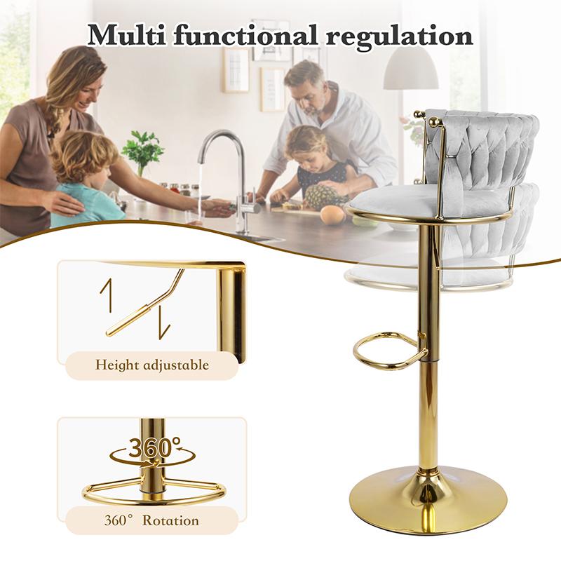 Velvet Bar Stools Set of 2, Modern Upholstered Swivel Bar Chairs with Adjustable Height and Low Back, 360° Gold Base Counter Height Stools for Kitchen Island, Bar or Pub