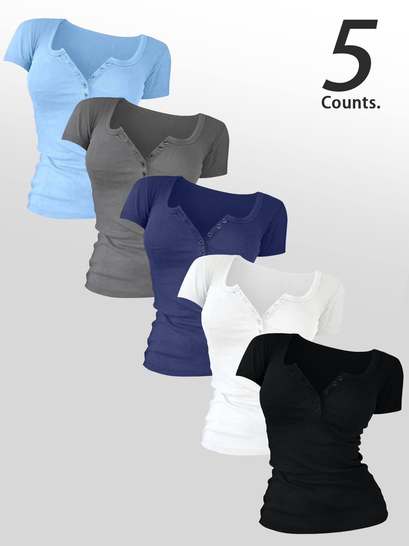 Women's Solid Color Button Decor Tee, Casual Short Sleeve Round Neck Basic T-shirt for Summer, Ladies Clothes for Daily Wear, Top