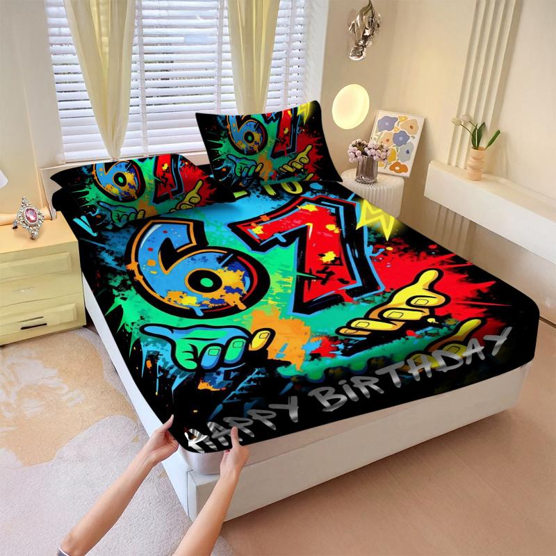 67 "six sev" printed pattern bed sheet set of 3 pieces, including 1 bed cover and 2 pillowcases, all season mattress protection cover, bed sheet, soft and comfortable deep mouth design, breathable bedding, bedroom and guest room decoration, detachable