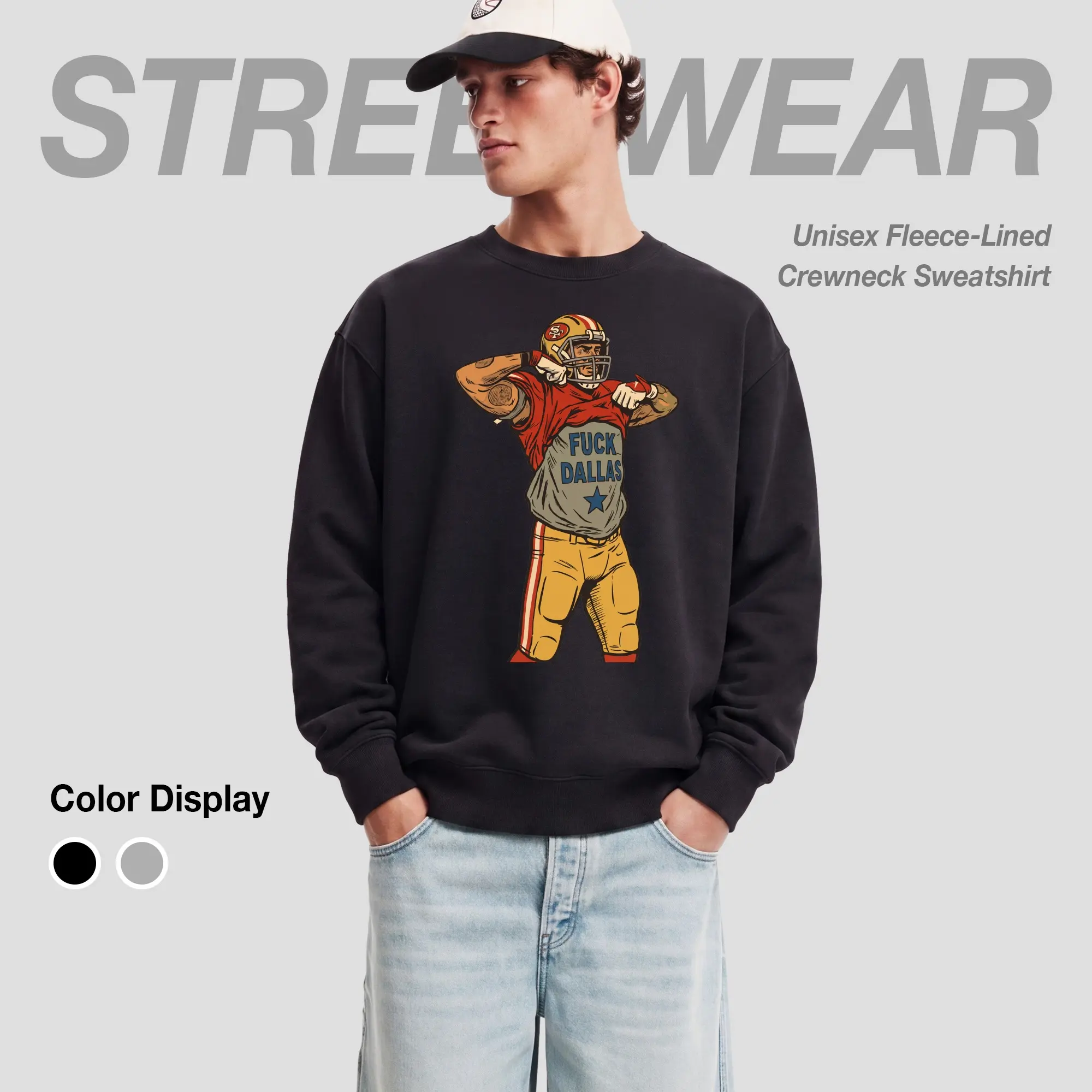 Football jersey 49ers Player Flexes Strong Athletic Stance Unisex Fleece-Lined Crewneck Sweatshirt, 350g Polyester Regular Fit Pullover, Warm Fall Winter Casual Streetwear Top
