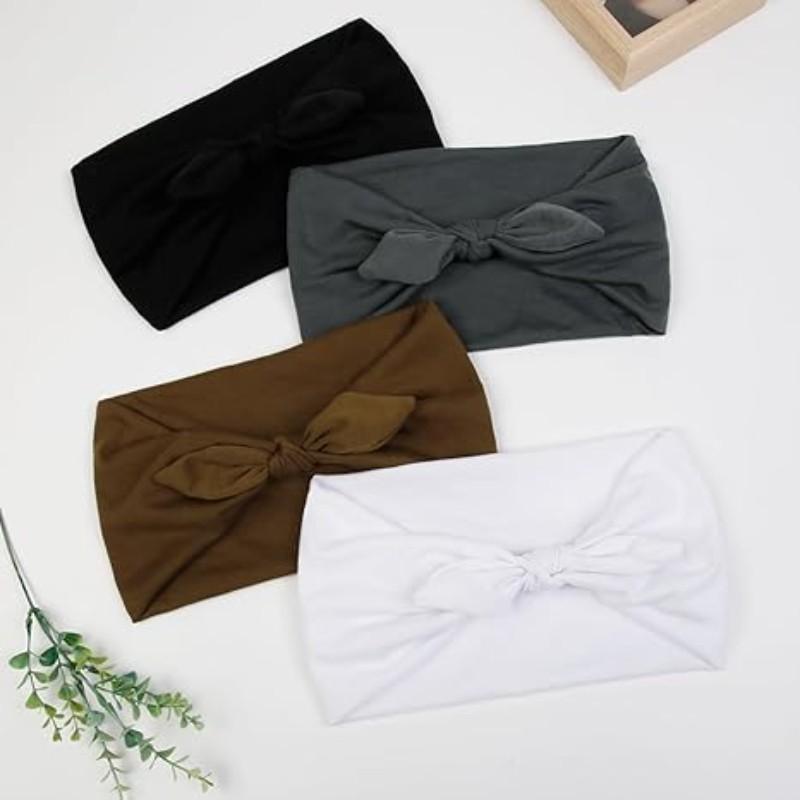 Women & Girls Bunny Ears Bow Hairbands Set of 4, Anti-Slip Soft Elastic Headband, African Style Thick Sports Gym Scarf, Hair Bows Headbands