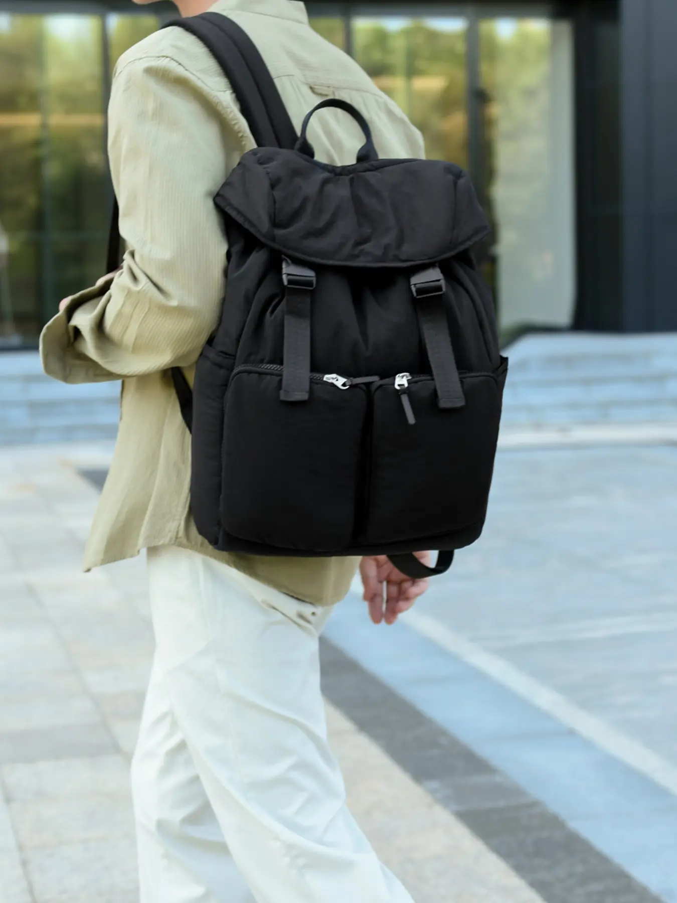 Solid Soft Padded Men's Flap Backpack, Dual Front Zipper, Extra Side Pockets, Reinforced Handle, Casual Commuter Bag, Multifunctional Backpack
