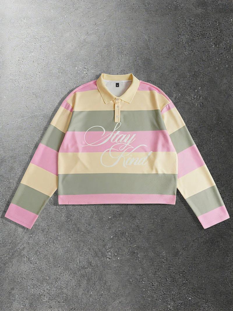 Men's Striped Polo Neck Long Sleeve T-Shirt, Casual Street Style, Spring & Fall Fashion, Fitted Sweatshirt, Unisex Design