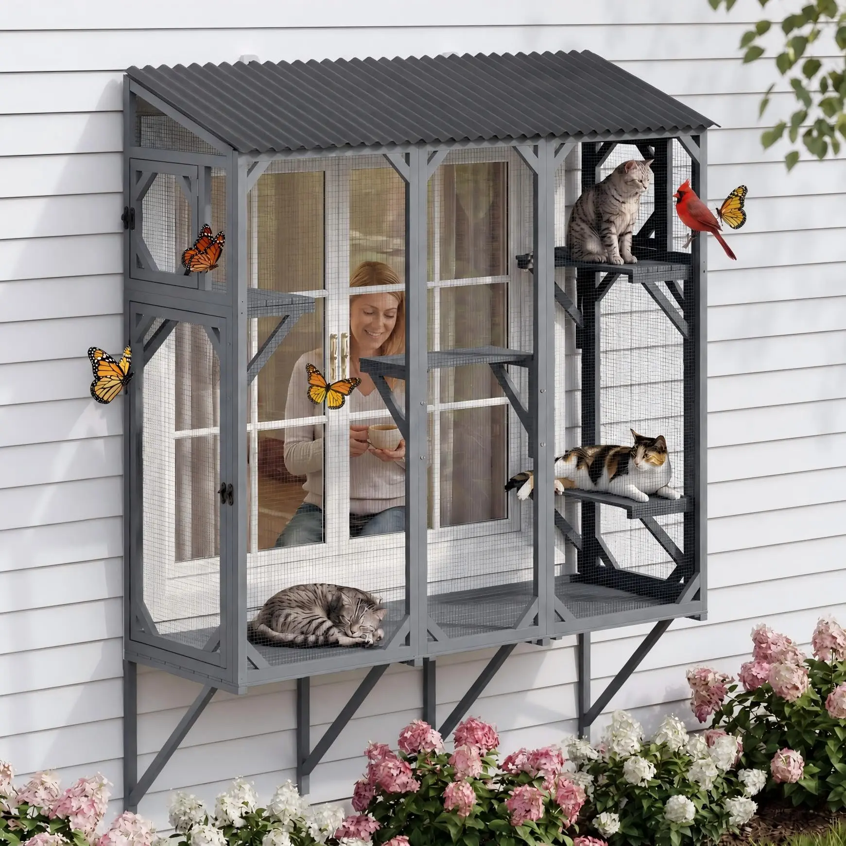 Wooden Window Catio Cat Enclosure Window Box for Multiple Cats
