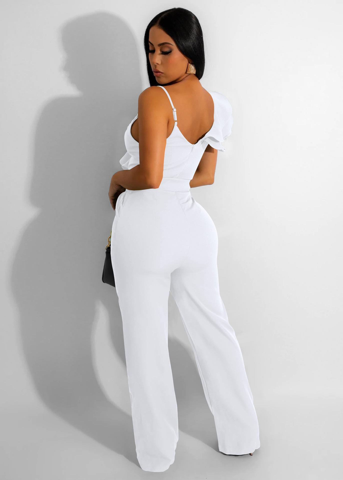 USBoutique Chic Women's Black One Shoulder Ruffled Top& Wide Leg Pants Jumpsuit, Casual Summer Romper, Trendy 2025 Outfit