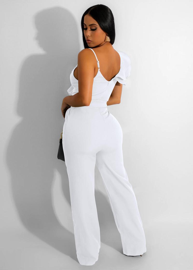 USBoutique Chic Women's Black One Shoulder Ruffled Top& Wide Leg Pants Jumpsuit, Casual Summer Romper, Trendy 2025 Outfit