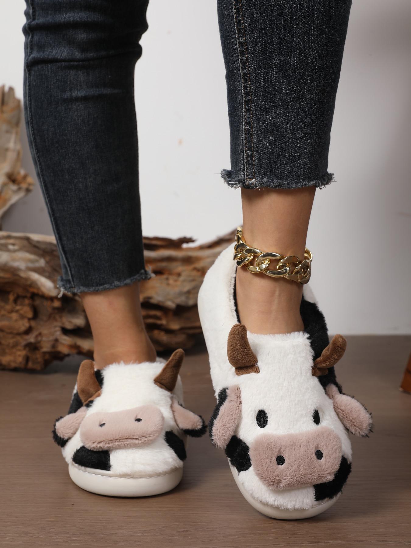 Women's Cute Cow Design Plush Slippers, Warm Bedroom Soft Slippers, Indoor Outdoor Silent Non-Slip Slippers, Casual Animal Pattern,Christmas Gifts For GF