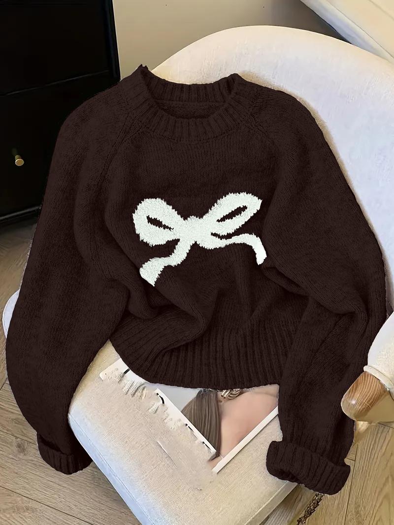 Women's Butterfly Knot Round Neck Sweater, Fall & Winter Thick Knit Top, Sweet Style Loose Fit, Elegant Cardigan for Valentine's Day