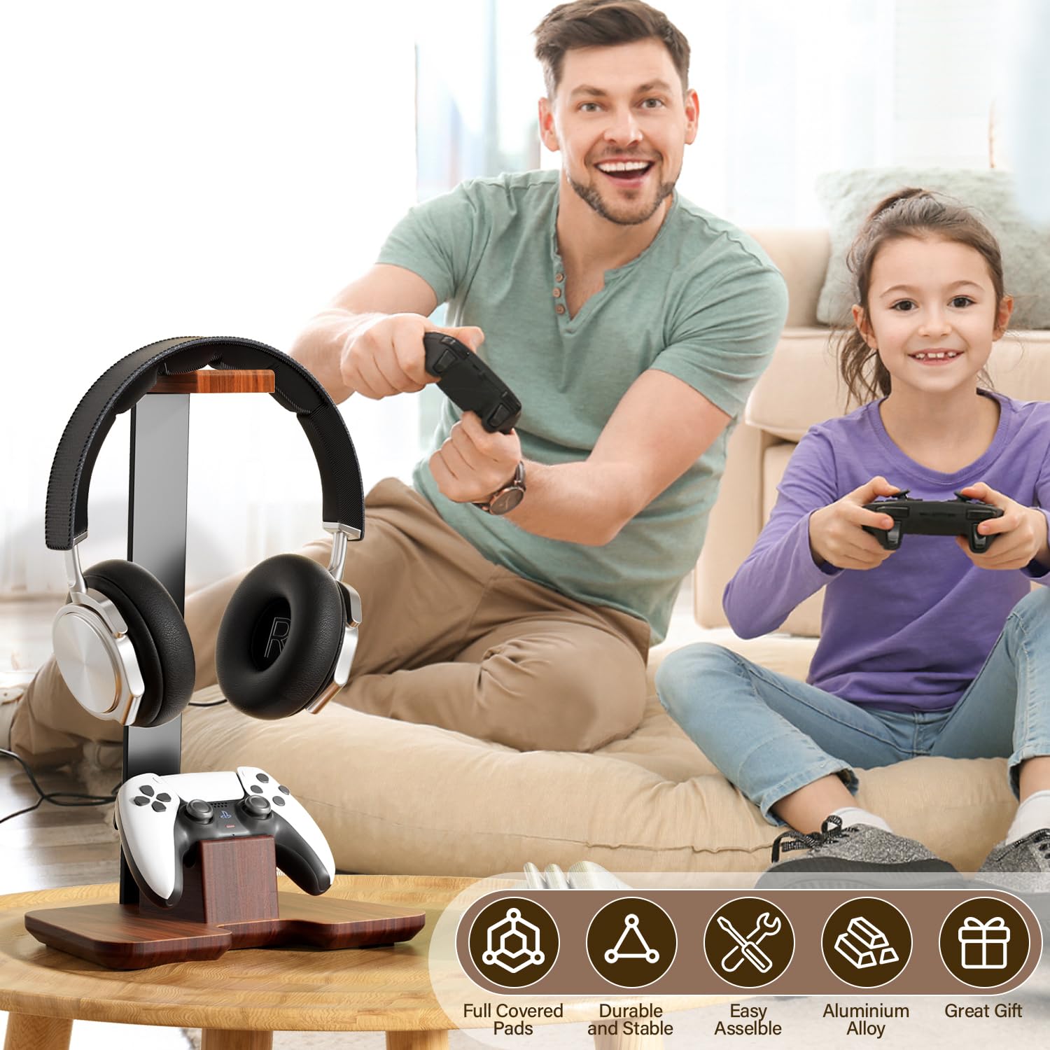 Wooden Game Controller Stand and Headset Holder, Desktop Organizer for Xbox Ps4 Ps5, Perfect Gift for Son Husband Boyfriend