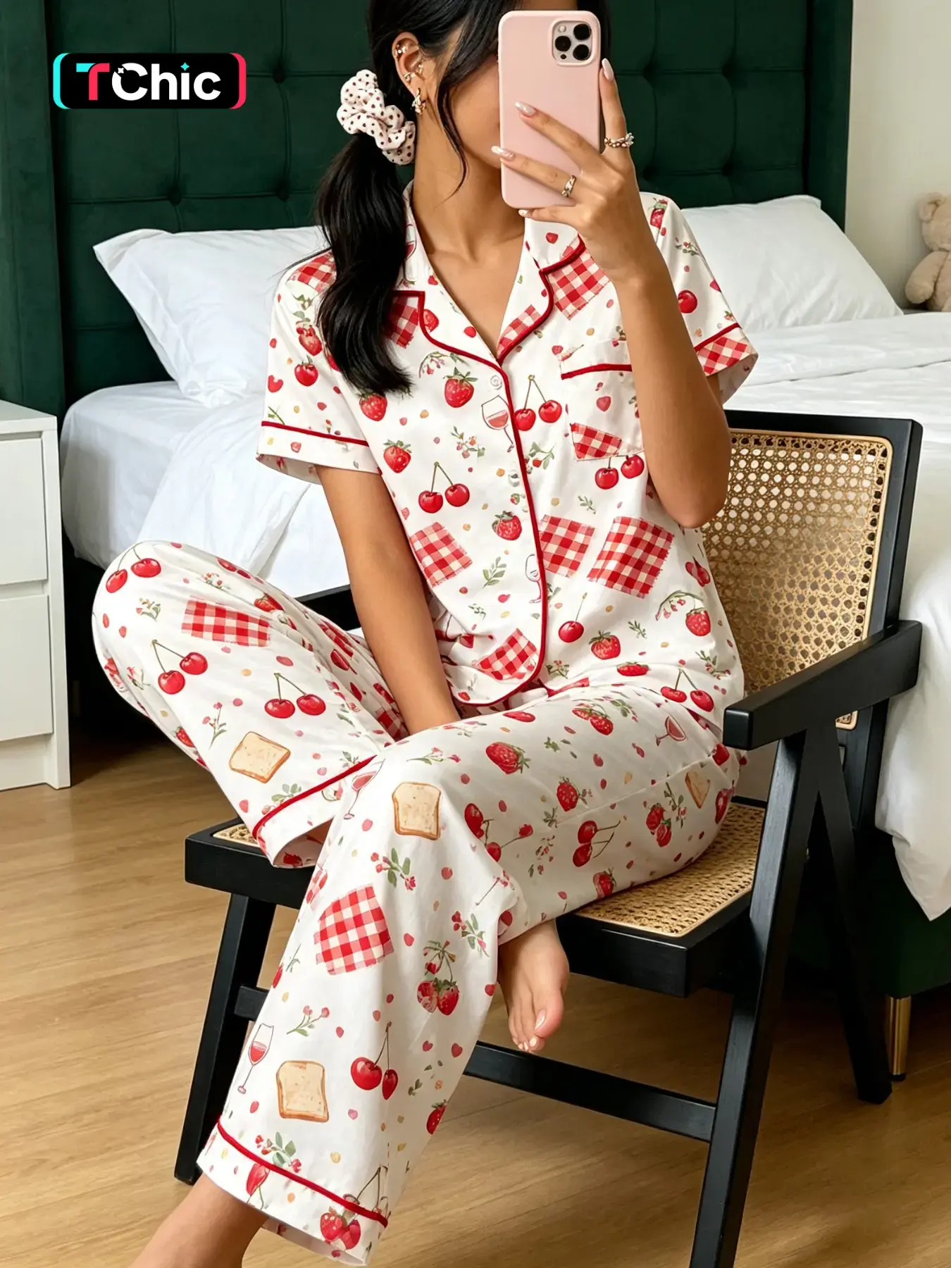 Women's Short Sleeve Pyjama Set, Ankle Length, Loose-Fitting, All over Print, Casual Home Wear, Soft and Breathable, Cherry Pattern, Pajamas