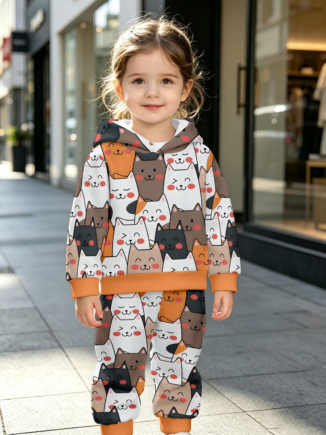 Full Color Cartoon Cat Print Sweatpants Set, Ribbed Hem, Unisex Kids' Long Sleeve Loose Fit, Fall & Winter Casual Suit