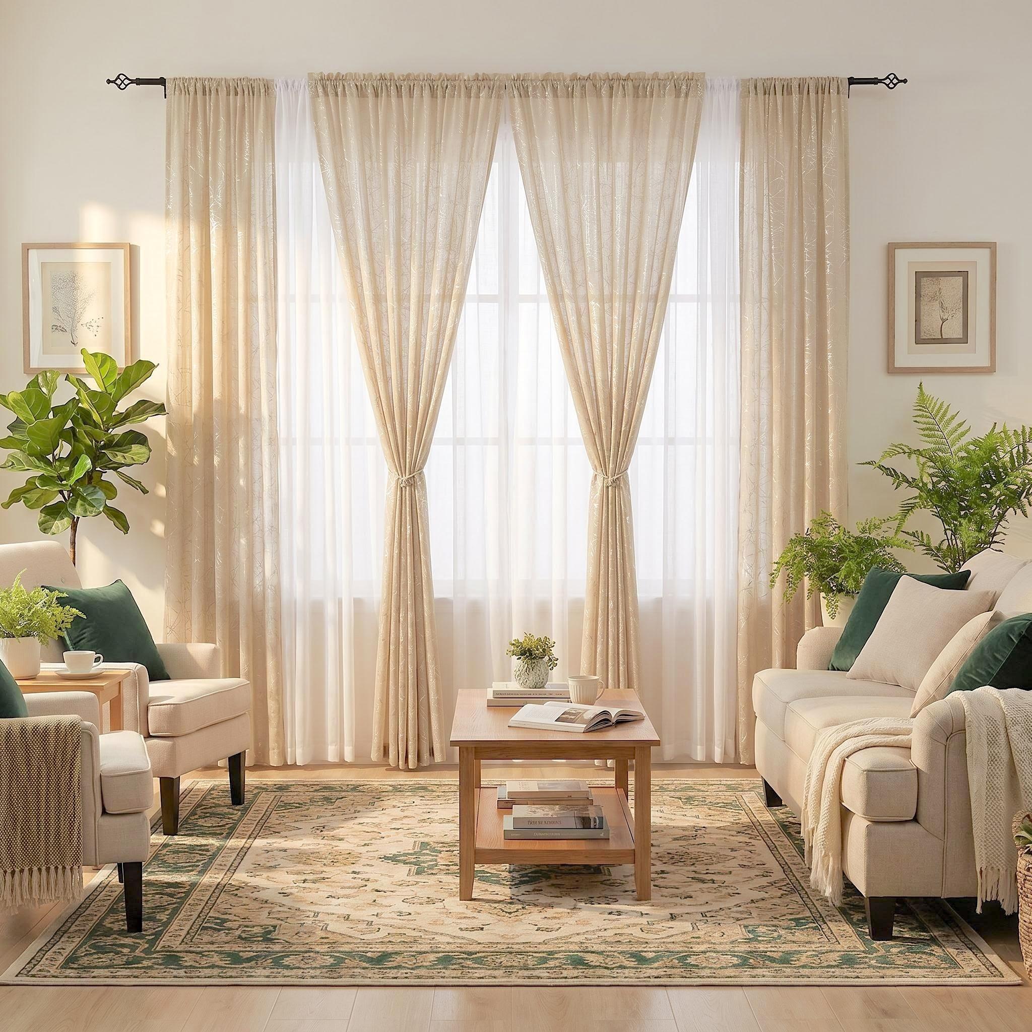 6-Panel Rod Pocket Window Drape Set (52"x84") - Durable, Dustproof, Breathable, Anti-Shrink, Fade-Resistant Flat Weave, 4 Foil Silver Metallic Sheers, 2 Linen Texture Chenille Semi-Sheers, Easy Installation, for Bedrooms/Living Rooms (FT5001 L39), Rust