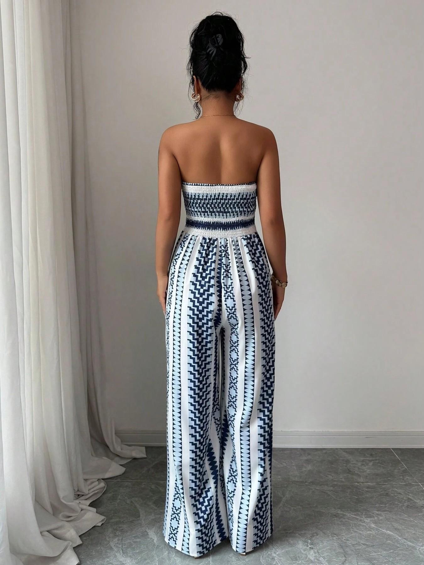 Breathable Geometric Print Jumpsuit, Halter Neck Sleeveless, High Elastic Back Design, Wide Leg Side Slit Pants, Beach Vacation Commute Date