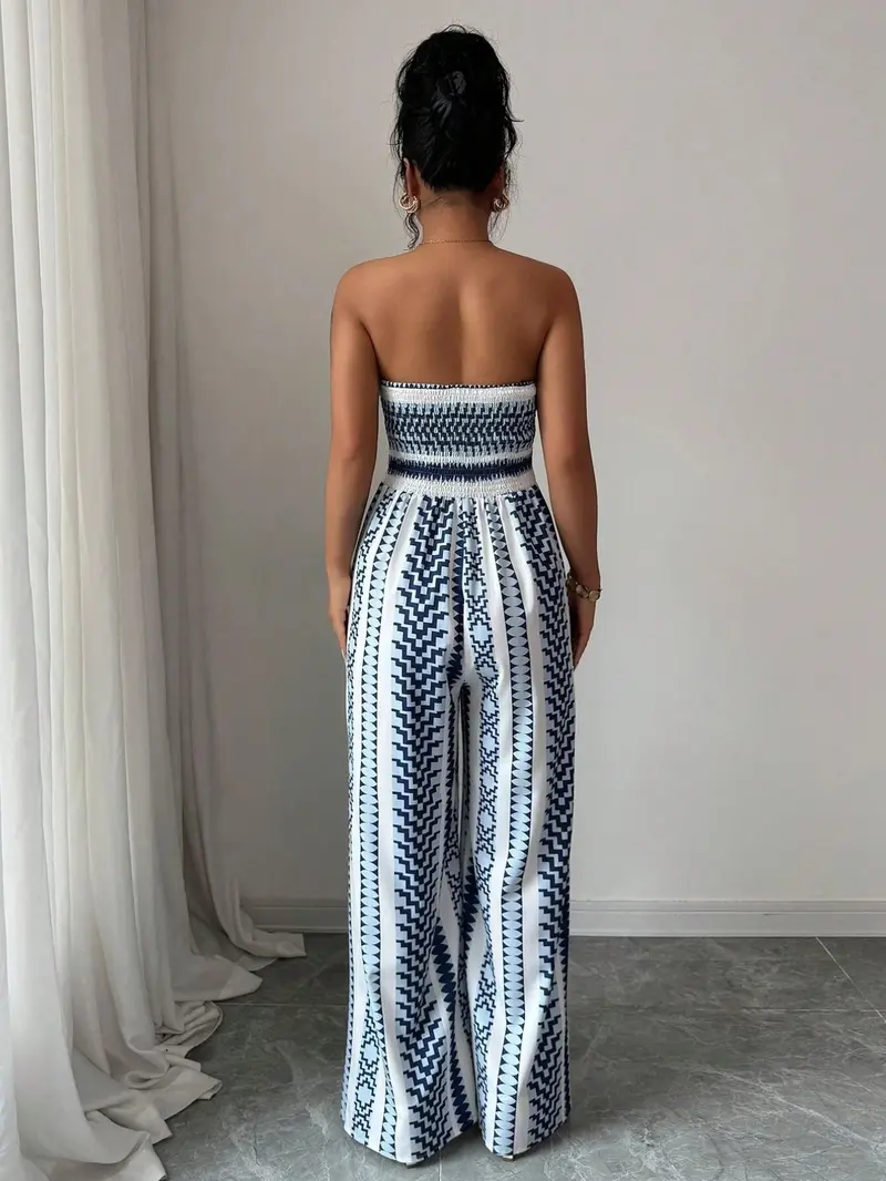 Breathable Flowy Wide Leg Geometric Printed Jumpsuit, Sleeveless Boho Style, Fit, High Waist, Leaf Print, Split Thigh Slit, Perfect for Beach, Work, Date Night