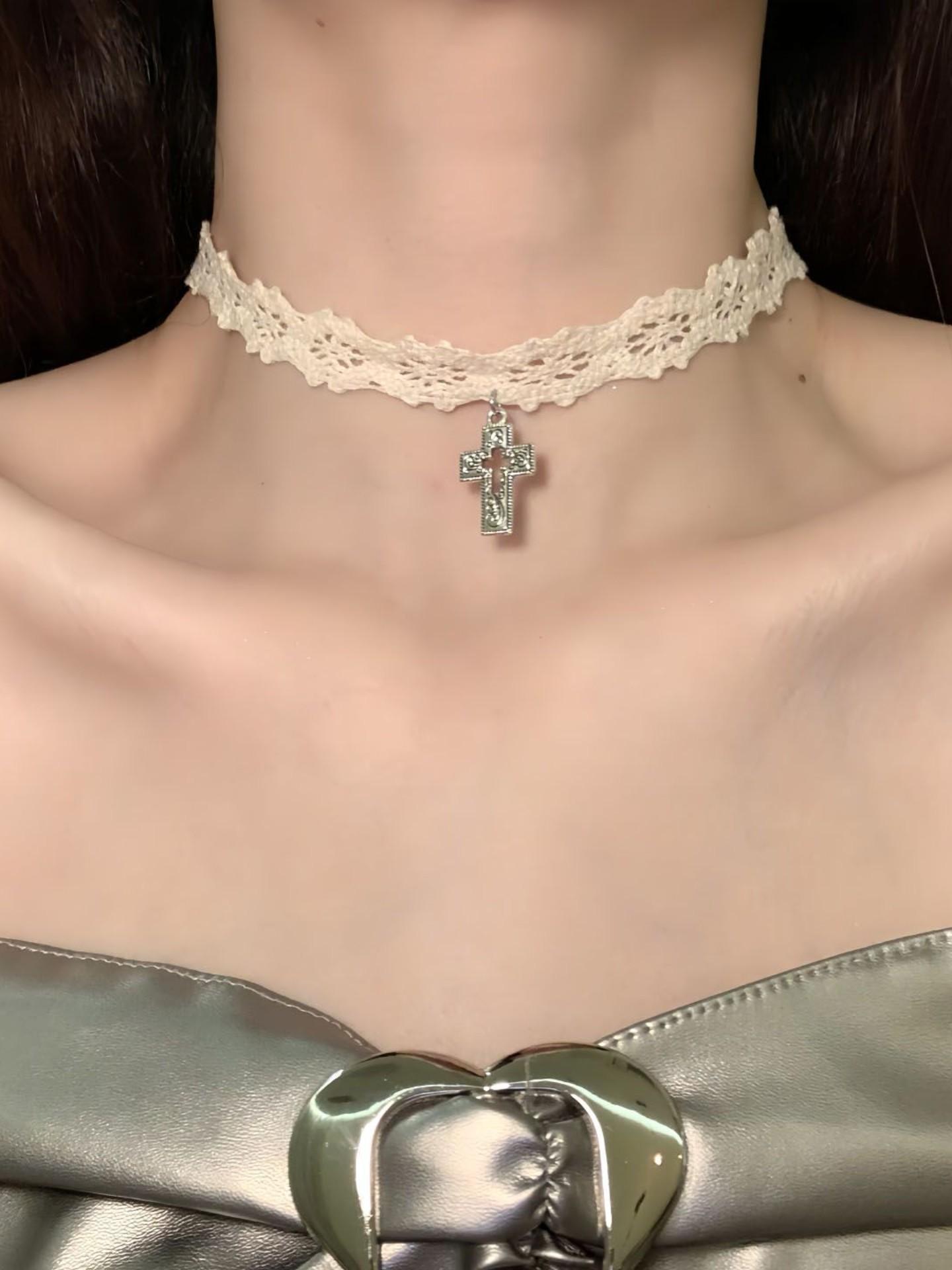 2PCS Lace Cross Keychain Necklace, Retro Style, Simple Fashion, Perfect Gift, Daily Accessory, Party, Holiday