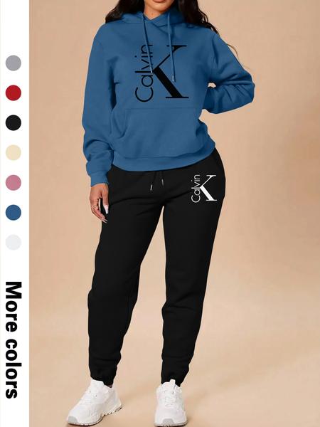 Women's Casual Hooded Sweatshirt Set, Long Sleeve Letter Print Top + Pants, Fall & Winter Fitted Sportswear, Sweatsuit With Pockets