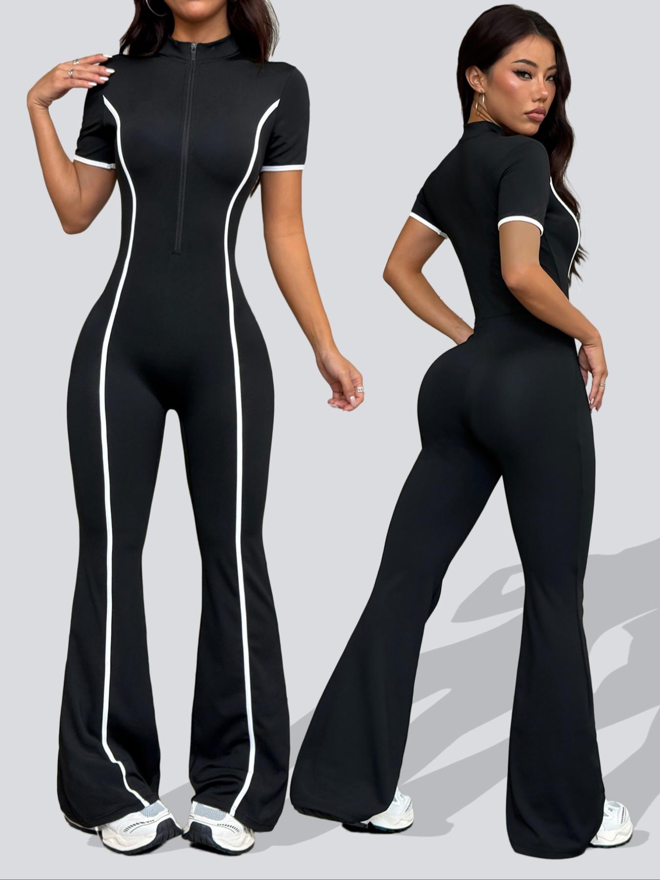 Women's Colorblock Zipper Knit Yoga Sporty Comfy Jumpsuit, Long Sleeve Casual Fashion, Slim-Fitting Below Ankle Pants for All Seasons