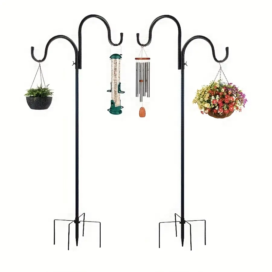 Double Shepherds Hook, Heavy Duty 5-Prong Base Garden Stake, Adjustable Bird Feeder Pole, Hanging Holder for Lantern, Solar Light, Plant & Halloween Yard Decor