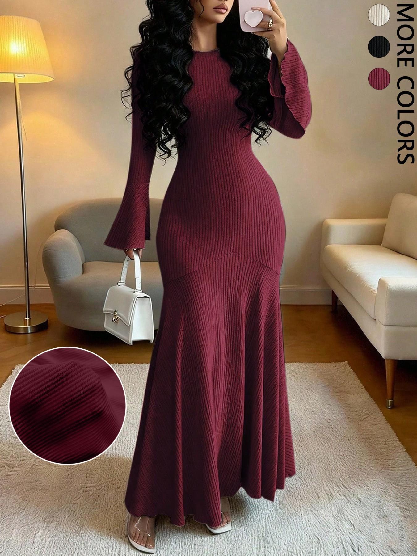 Women's Casual Solid Color Fitted Long Sleeve Dress, Comfortable Everyday Wear, Perfect for Shopping & Daily, Stylish Ladies' Clothing