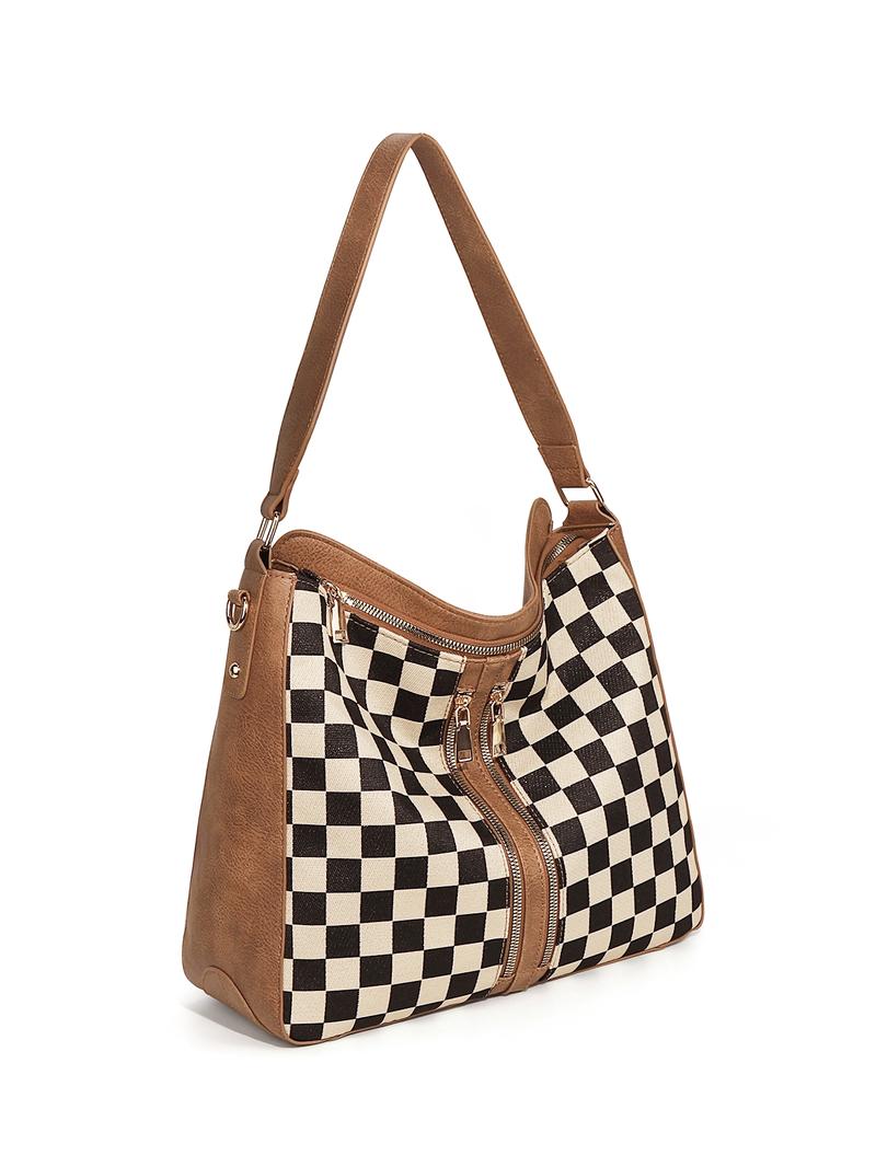 Checkered Plaid Pattern Women Large Casual Crossbody Bags Ladies Satchel Shoulder Handbags Purse for Women Totes Hobo Purses with Adjustable Strap For Work, Travel, Geometric Pattern Bag