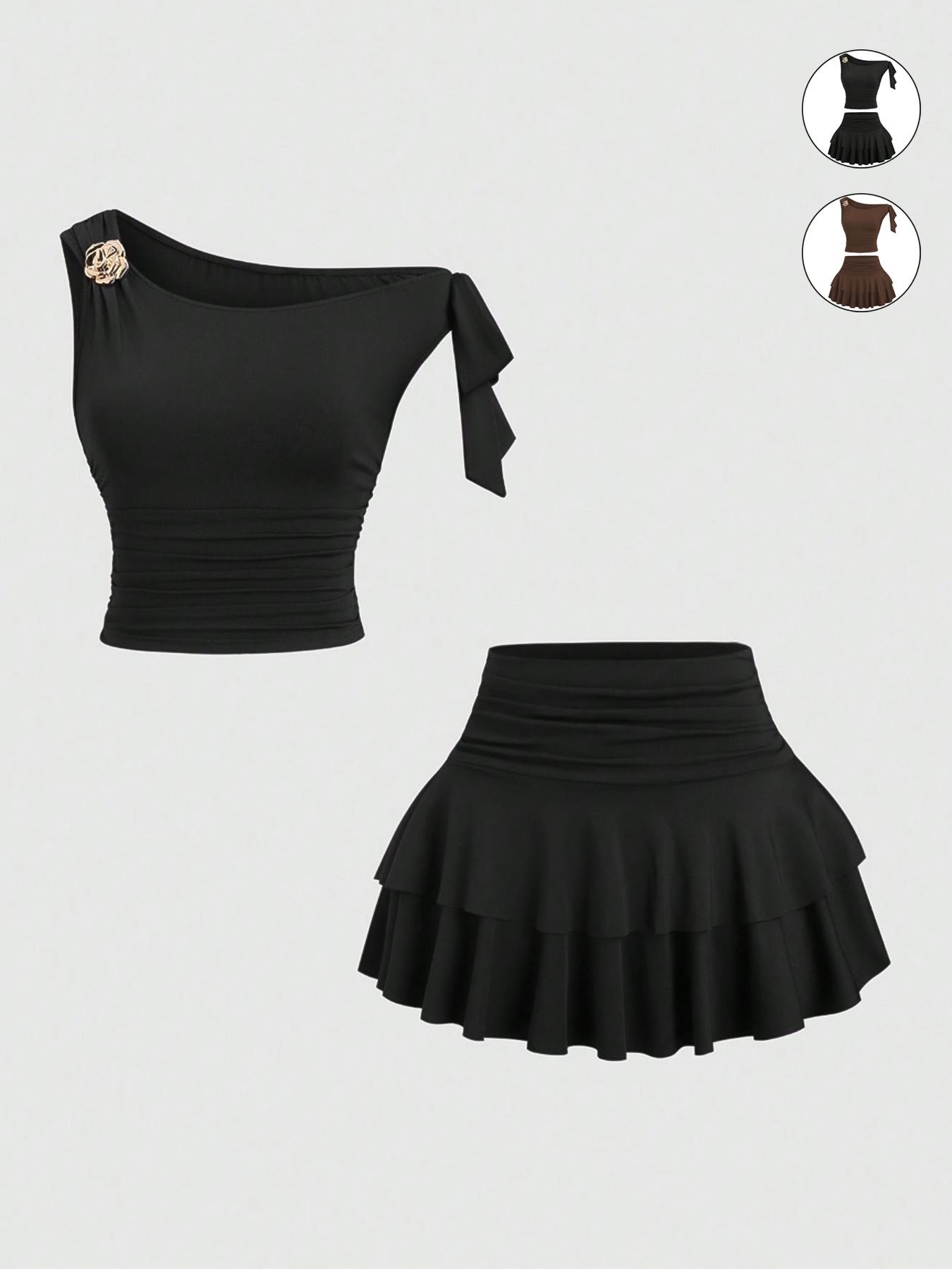 2pcs/Set Women's Summer Metallic Flower Decor Spaghetti Strap Tank Top & Pleated Layered Short Skirt Set，Casual One-Shoulder Bow Pleated Slim Fit Elastic Top with Double Layer Ruffled Skirt Set, Fashionable and Comfortable Shirt Skirt Set