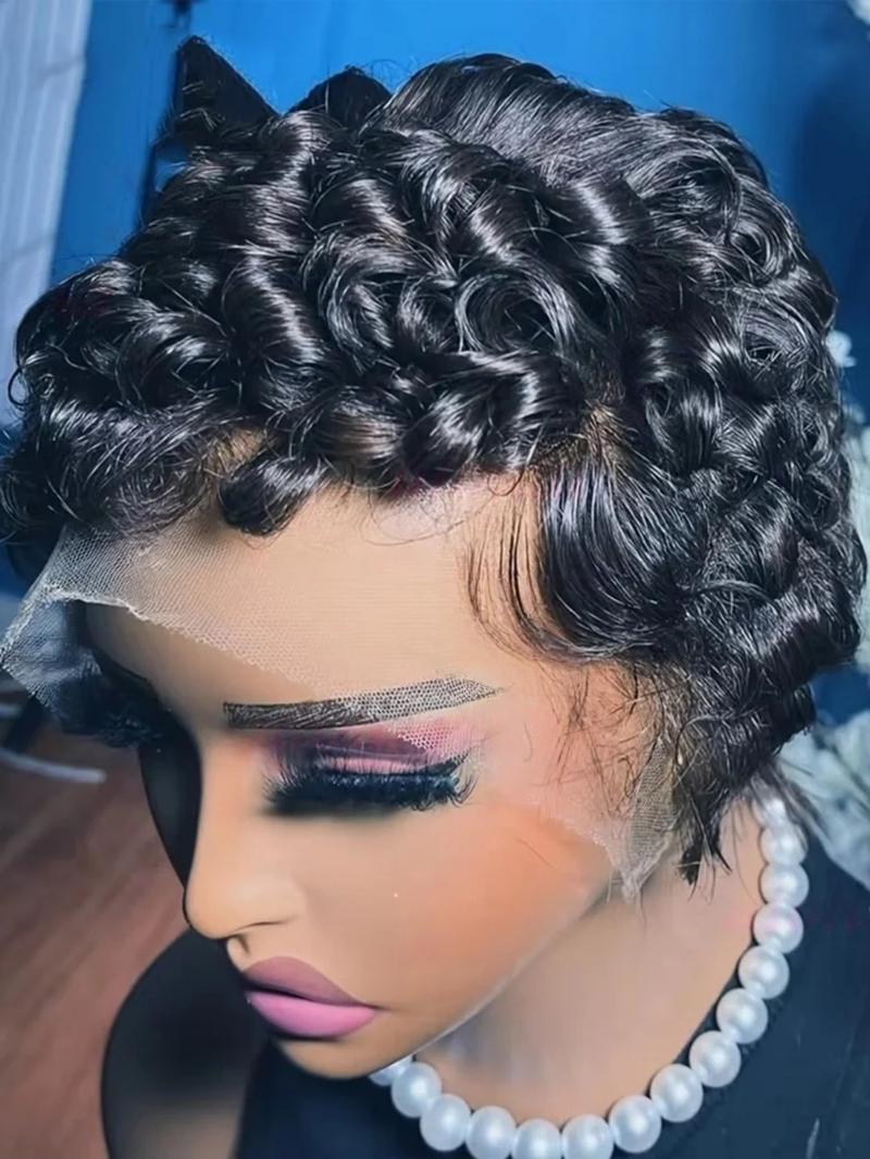 Pixie Curls 13x4 Lace Front Wigs, Short Bob Human Hair Wig for Women, 180% Density Curly Wavy Hair, 6 Inches Pixie Cut