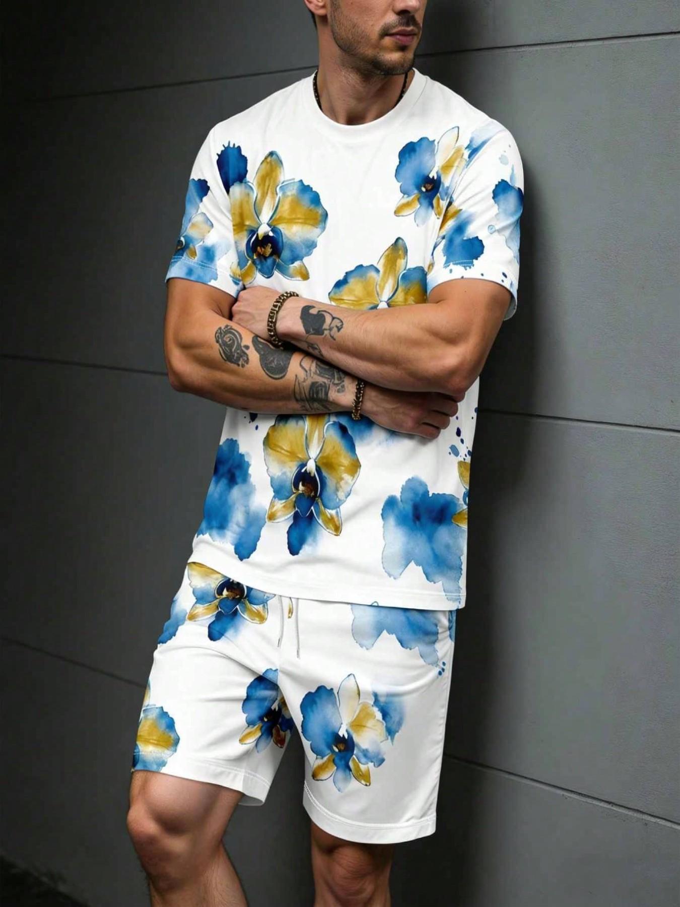 Summer Men's Outdoor Round Neck Short Sleeve T-Shirt and Shorts Set, Floral All over Print, Casual Fitted Style, 2-Piece