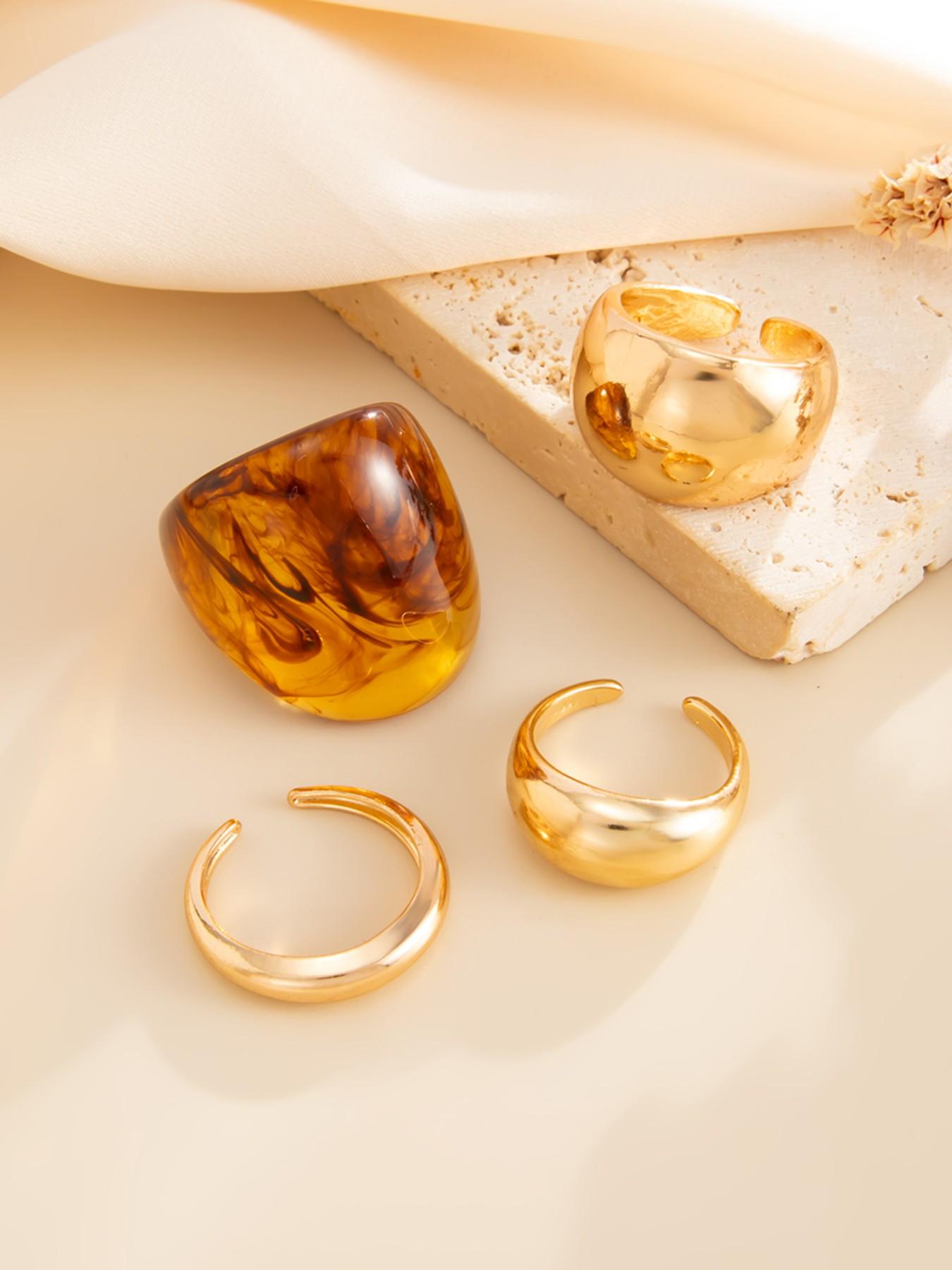 4-Piece Vintage Geometric Amber Ring Set, Women's Bold Rings, Party & Daily Wear, Gift Jewelry Set, Resin Texture Random