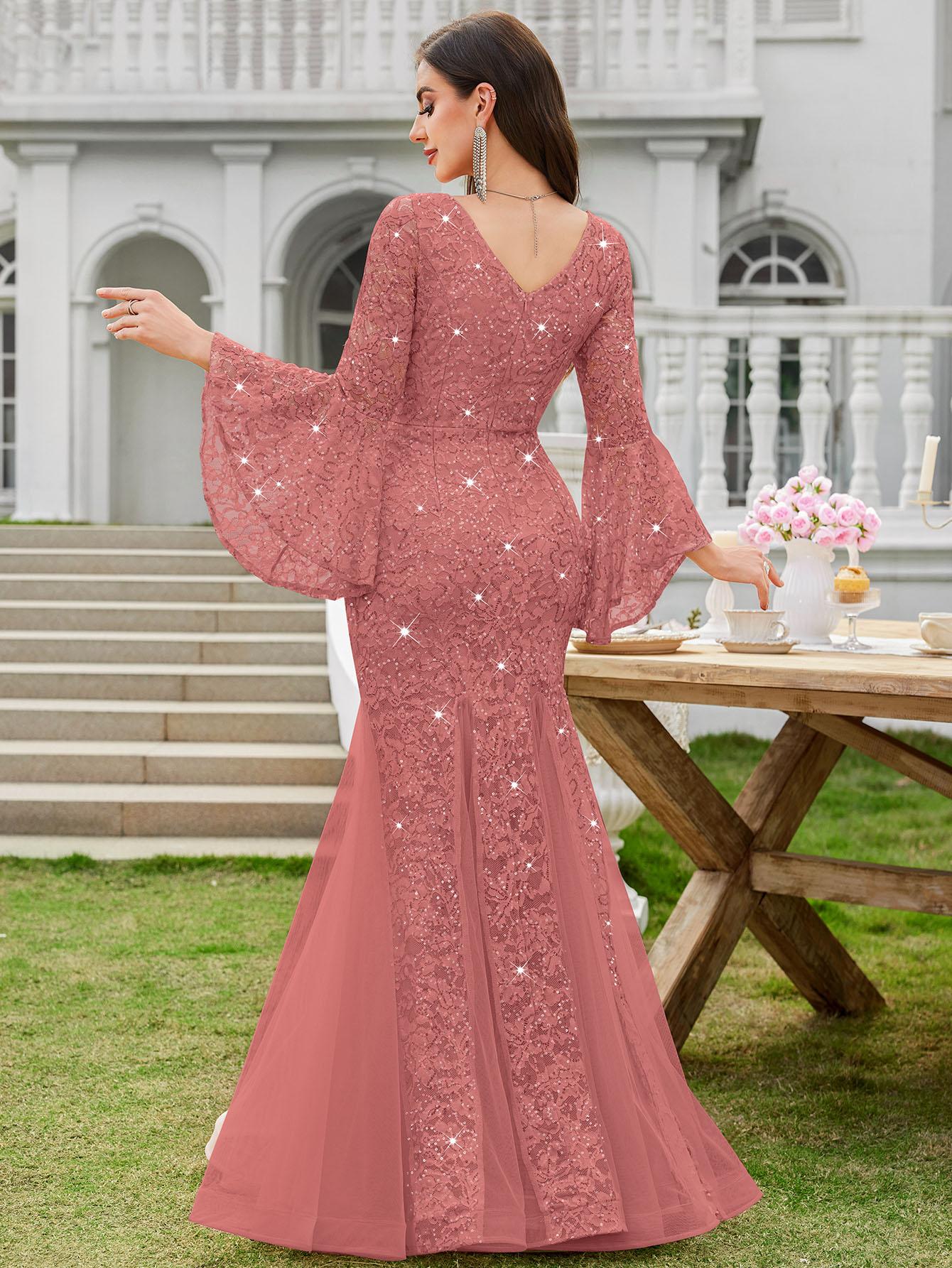 MIUSOL 24351A Women's Deep Vneck Sequin Lace Mesh Tulle Hem Long Sleeve  Formal Evening Maxi Dress for Cocktail Parties & Banquets, Party, Festival Womenswear