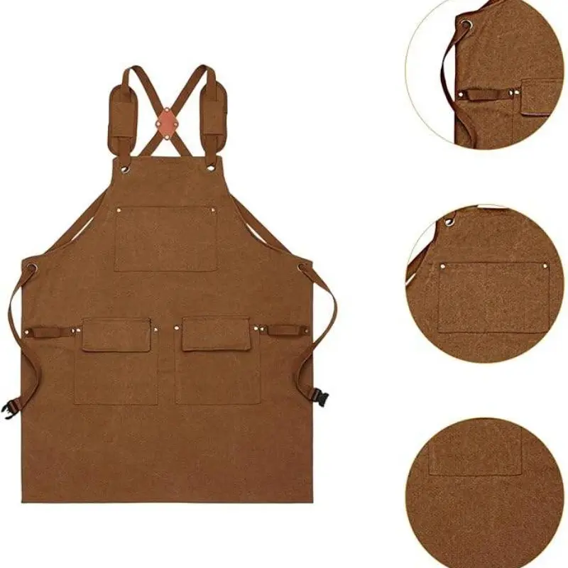 Duty Canvas Sleeveless Work Apron, Cross Back Straps, Multiple Tool Pockets, Adjustable Strap, Waterproof, Oil-Resistant, Modern Design