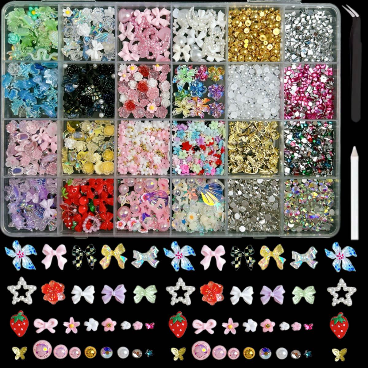 1Box Dopamine Colored Resin Flower Bow Nail Charms Semi-circular Rhinestones Pearl Mini Shell Feather Flakes Mixed Nail Decor DIY Elegant Rhinestone Decorated