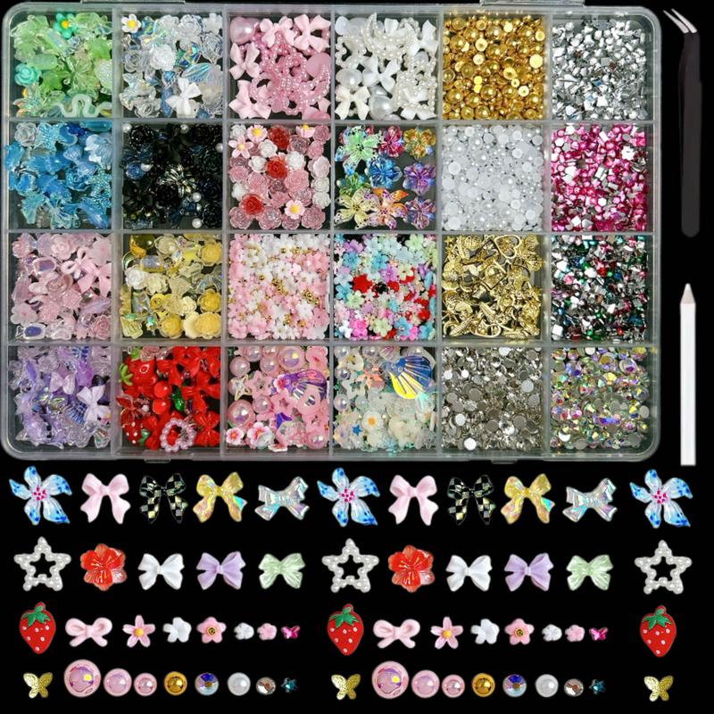 1Box Dopamine Colored Resin Flower Bow Nail Charms Semi-circular Rhinestones Pearl Mini Shell Feather Flakes Mixed Nail Decor DIY Elegant Rhinestone Decorated